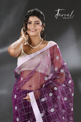 Violet with white organza silk handloom saree - Tamal Boutique