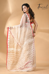 Ivory white with red temple border muslin silk handwoven neddle work jamdani saree