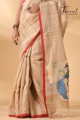 Muga with red border peacock paithani pallu Tusser ghicha silk handwoven jamdani saree