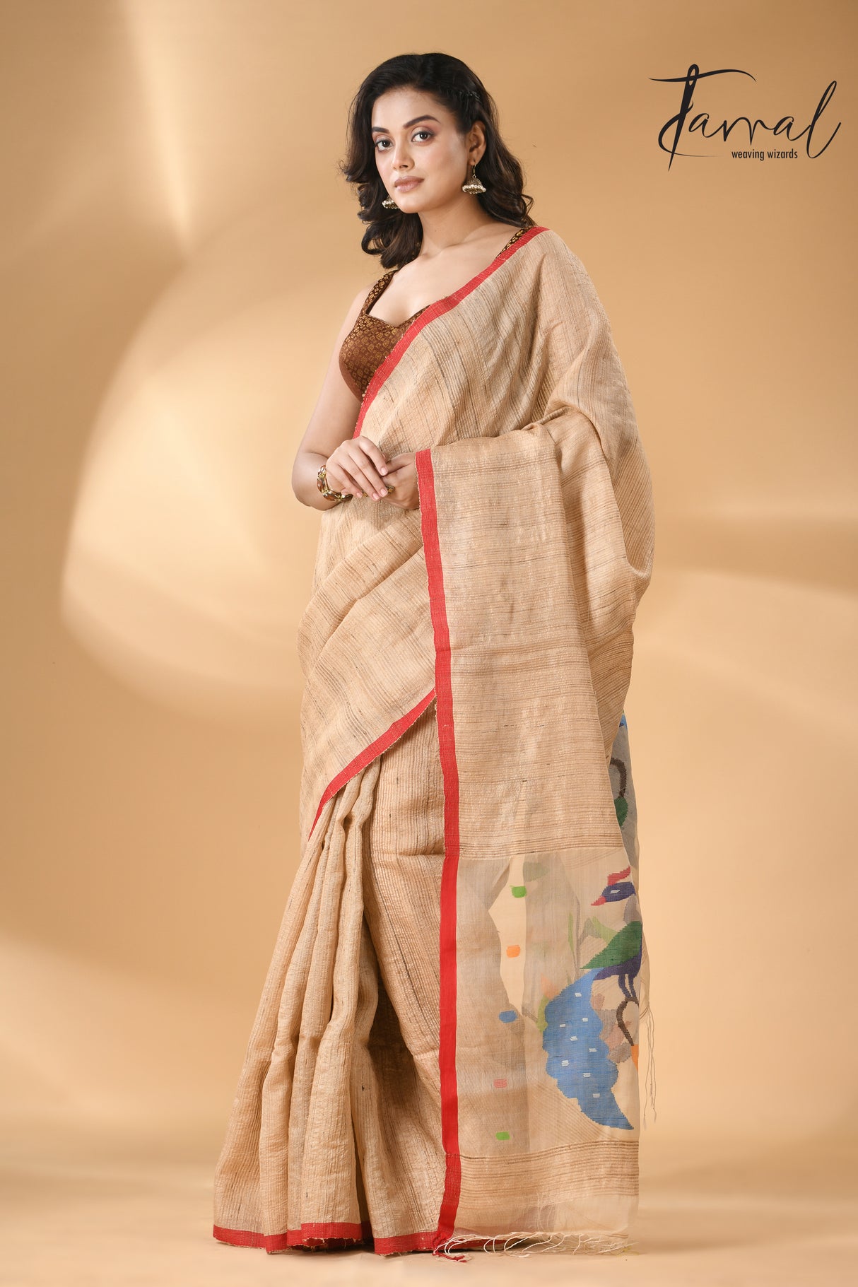 Muga with red border peacock paithani pallu Tusser ghicha silk handwoven jamdani saree