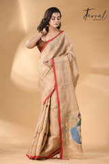 Muga with red border peacock paithani pallu Tusser ghicha silk handwoven jamdani saree