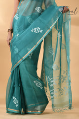 Teal blue rose motifs handwoven needle work muslin silk jamdani saree