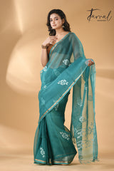 Teal blue rose motifs handwoven needle work muslin silk jamdani saree