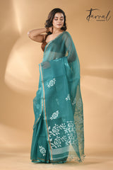 Teal blue rose motifs handwoven needle work muslin silk jamdani saree