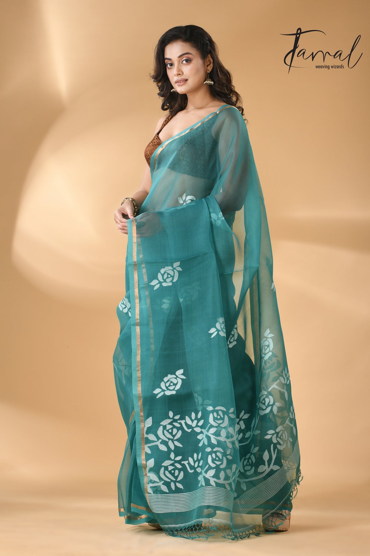 Teal blue rose motifs handwoven needle work muslin silk jamdani saree