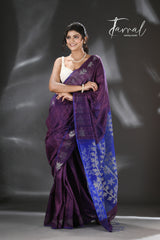 Chocolate brown with blue dual tone matka silk floral handwoven jamdani saree