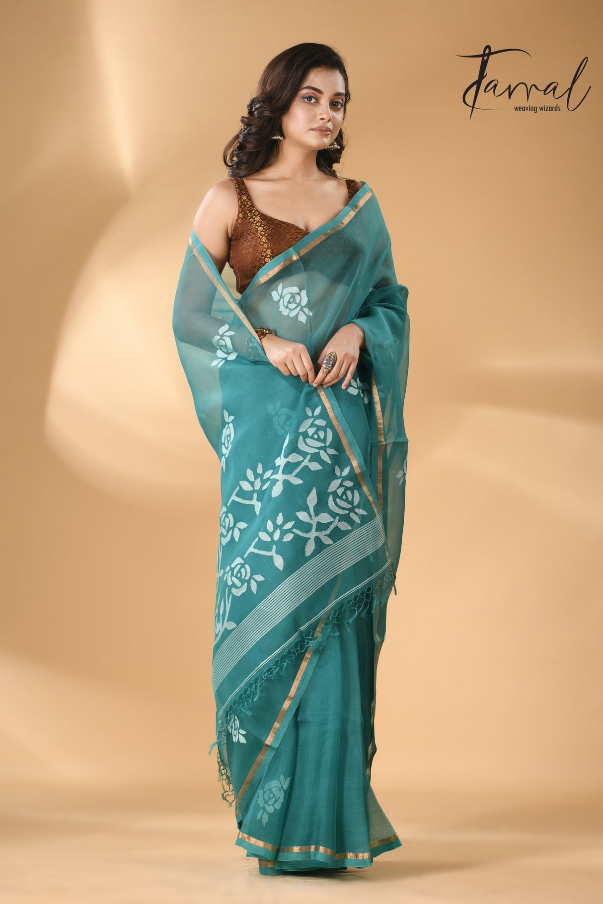 Teal blue rose motifs handwoven needle work muslin silk jamdani saree