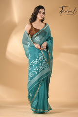 Teal blue rose motifs handwoven needle work muslin silk jamdani saree