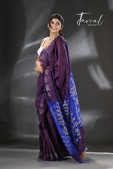 Chocolate brown with blue dual tone matka silk floral handwoven jamdani saree