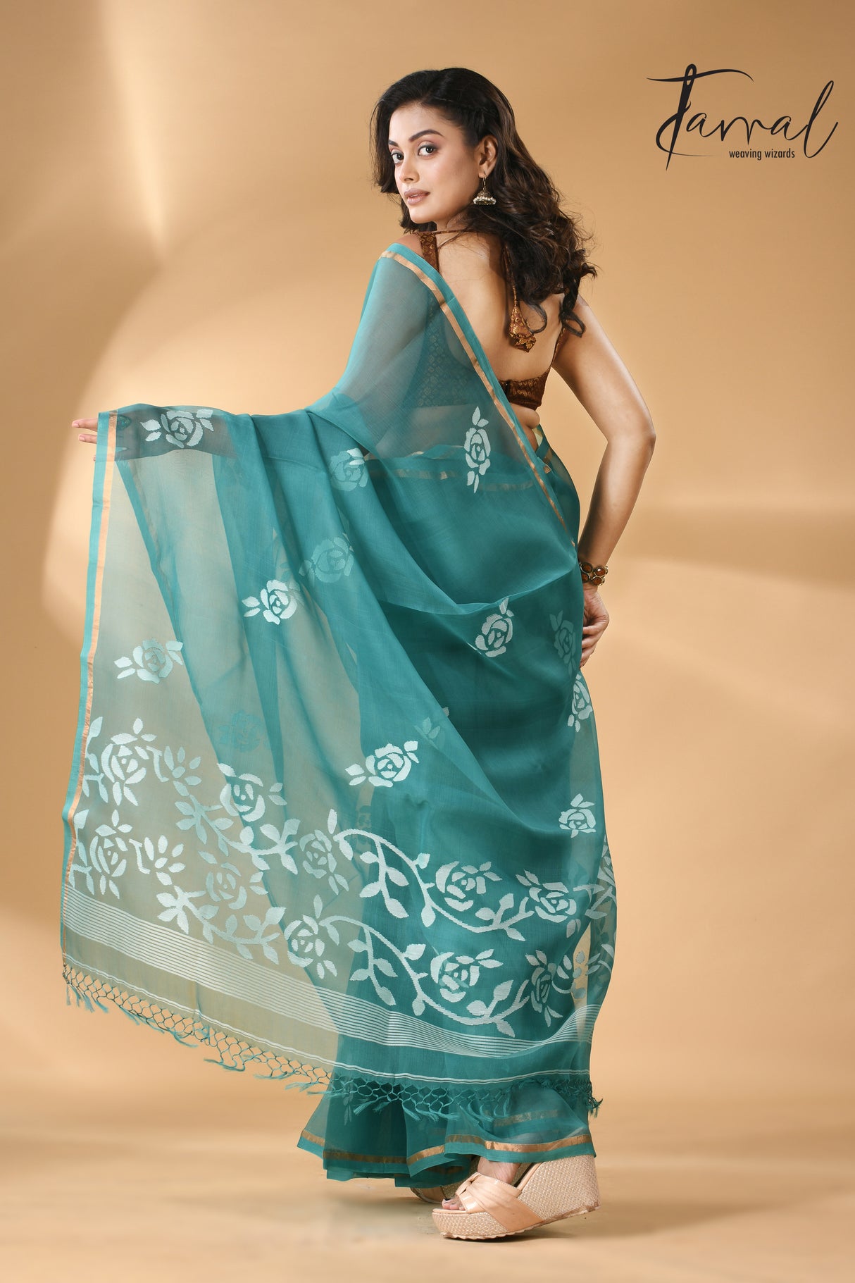 Teal blue rose motifs handwoven needle work muslin silk jamdani saree