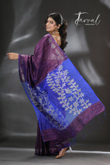 Chocolate brown with blue dual tone matka silk floral handwoven jamdani saree