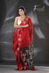 Red with golden lotus matka silk handwoven jamdani saree