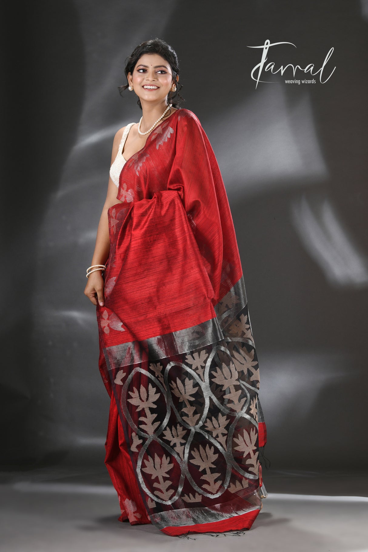 Red with golden lotus matka silk handwoven jamdani saree