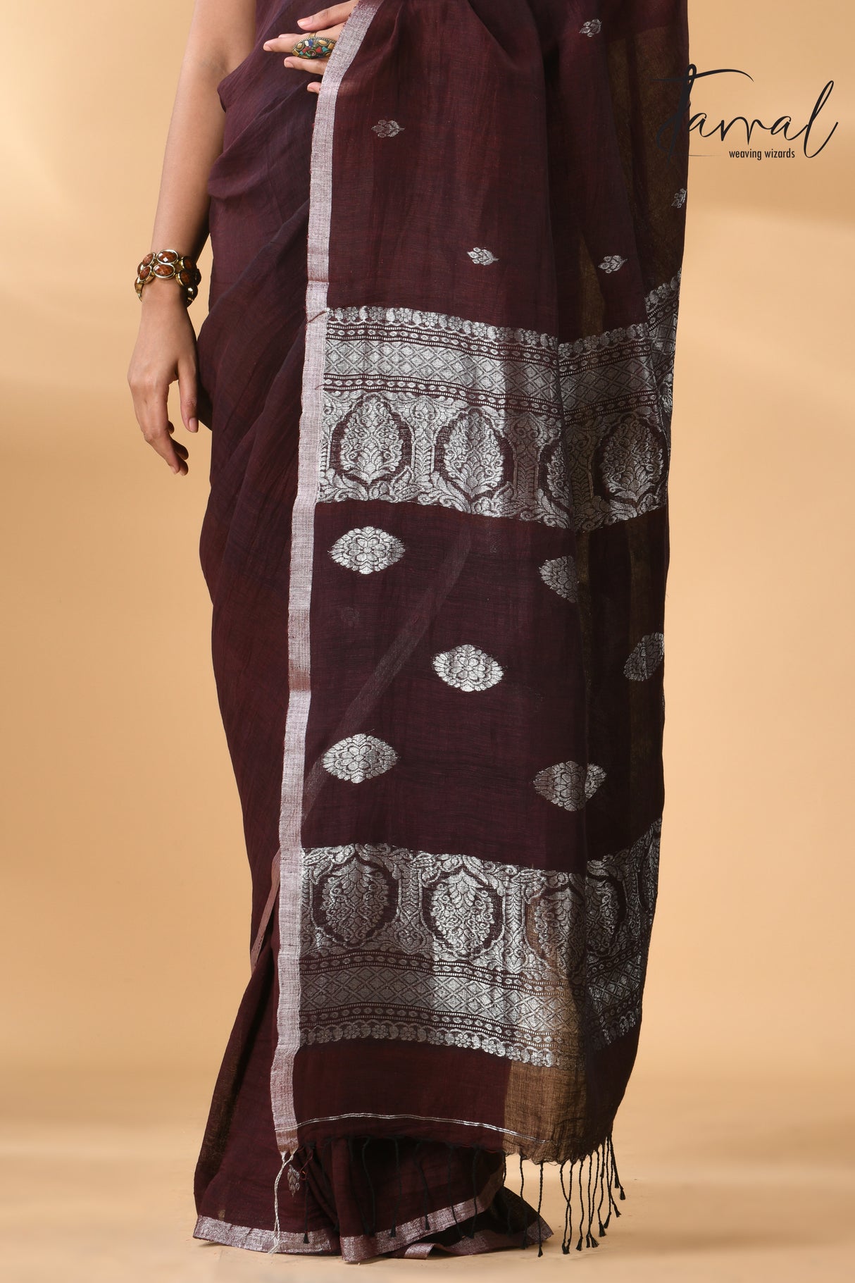 Dark chocolate with silver zari work pure linen handloom Banarasi saree