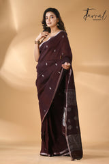 Dark chocolate with silver zari work pure linen handloom Banarasi saree