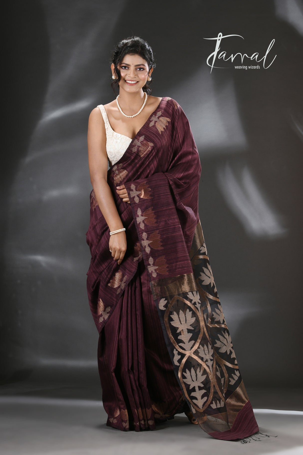 Chocolate Brown with golden lotus matka silk handwoven jamdani saree