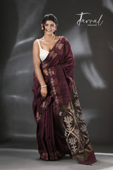 Chocolate Brown with golden lotus matka silk handwoven jamdani saree