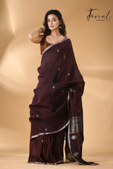 Dark chocolate with silver zari work pure linen handloom Banarasi saree