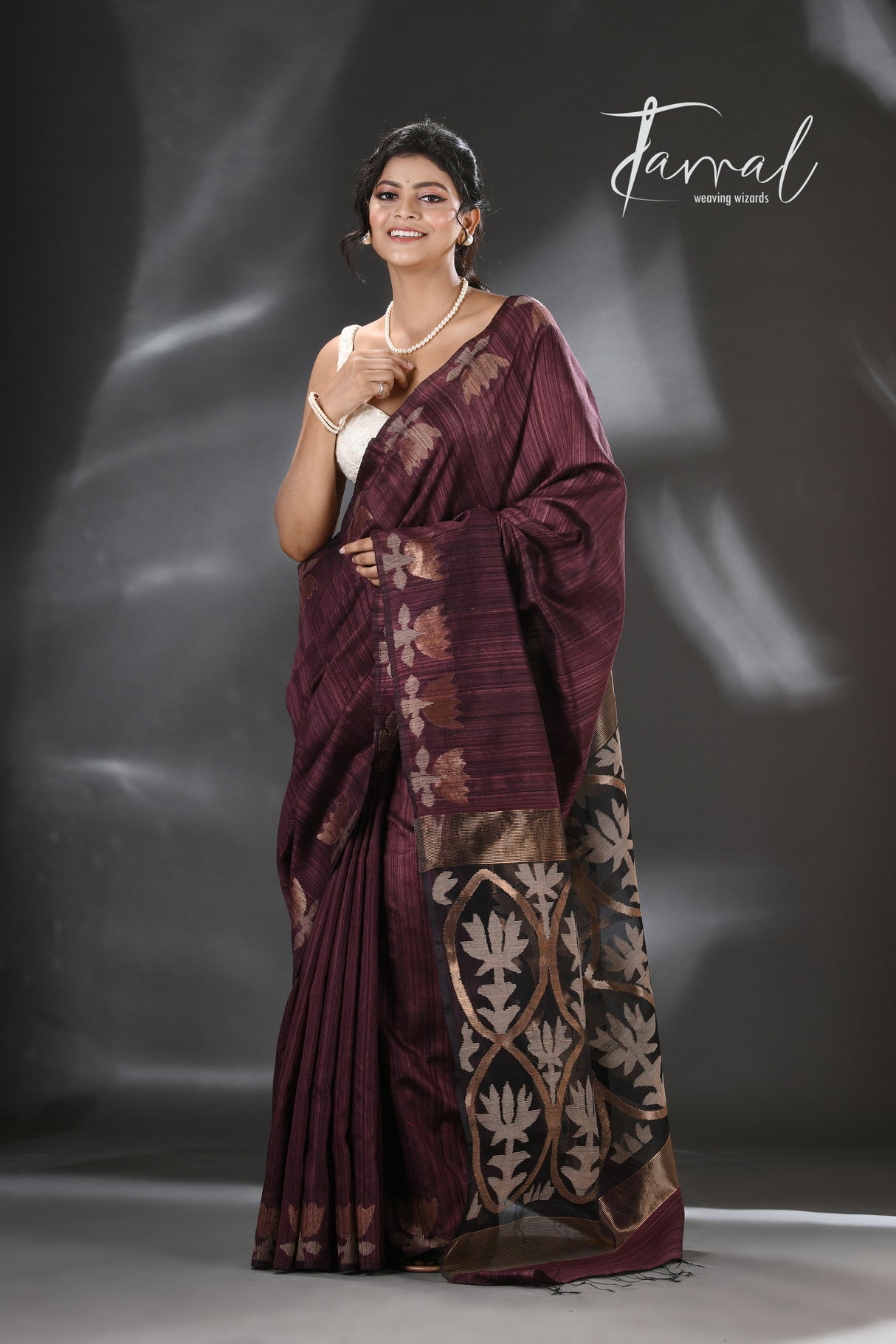 Chocolate Brown with golden lotus matka silk handwoven jamdani saree