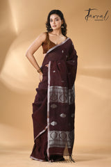 Dark chocolate with silver zari work pure linen handloom Banarasi saree