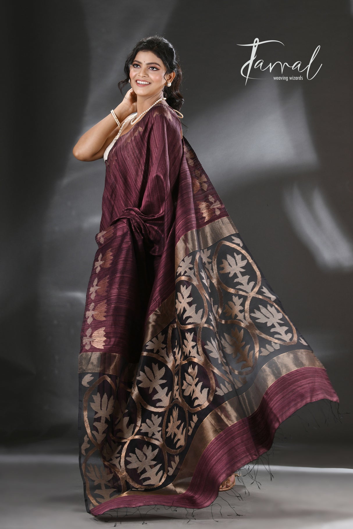 Chocolate Brown with golden lotus matka silk handwoven jamdani saree