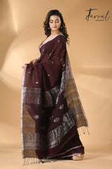 Dark chocolate with silver zari work pure linen handloom Banarasi saree