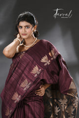 Chocolate Brown with golden lotus matka silk handwoven jamdani saree