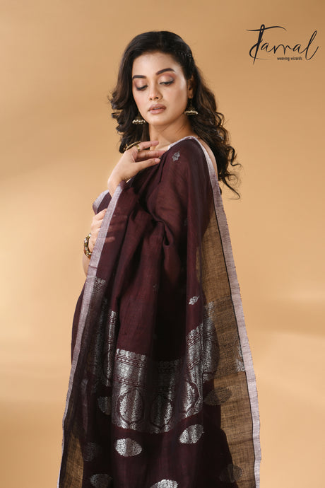 Dark chocolate with silver zari work pure linen handloom Banarasi saree