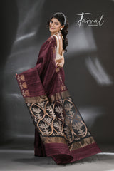 Chocolate Brown with golden lotus matka silk handwoven jamdani saree