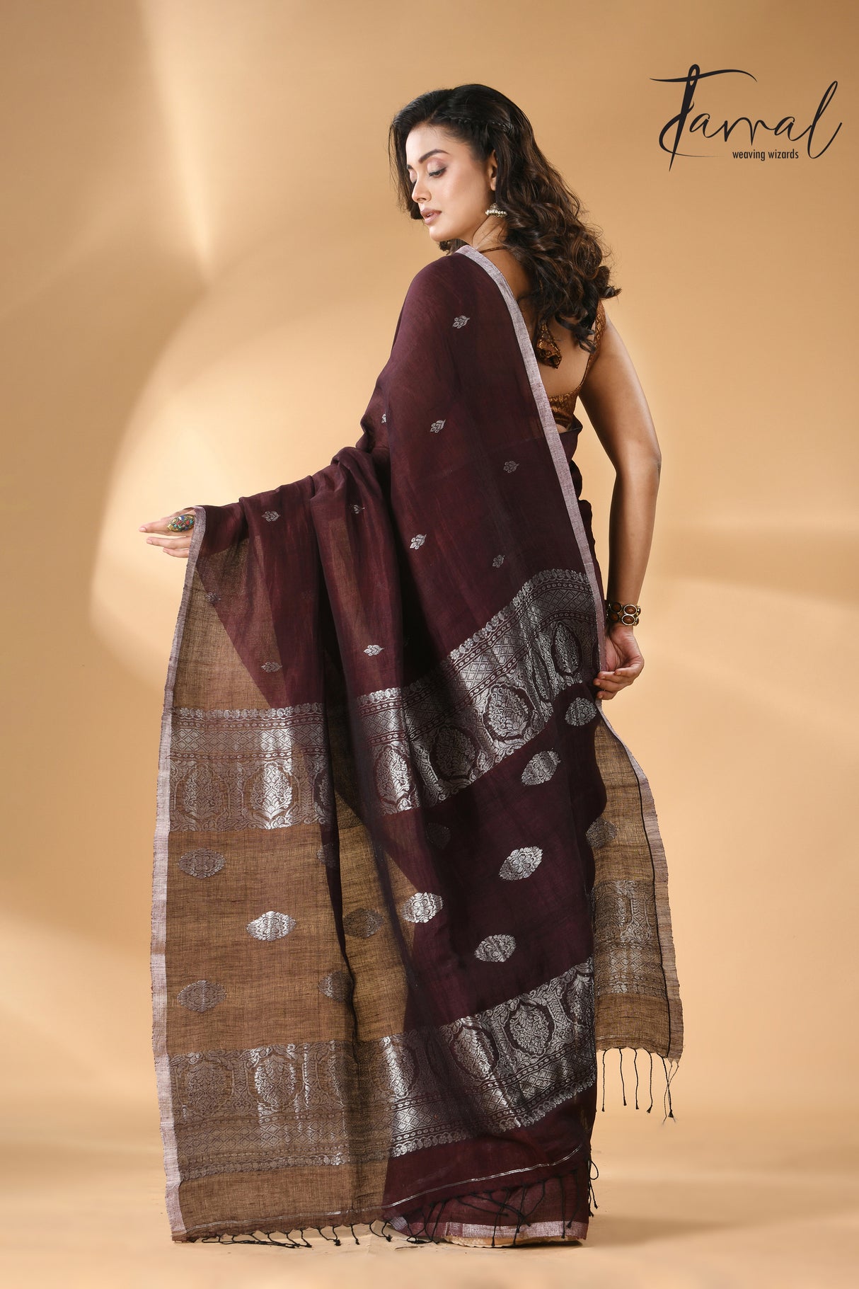 Dark chocolate with silver zari work pure linen handloom Banarasi saree