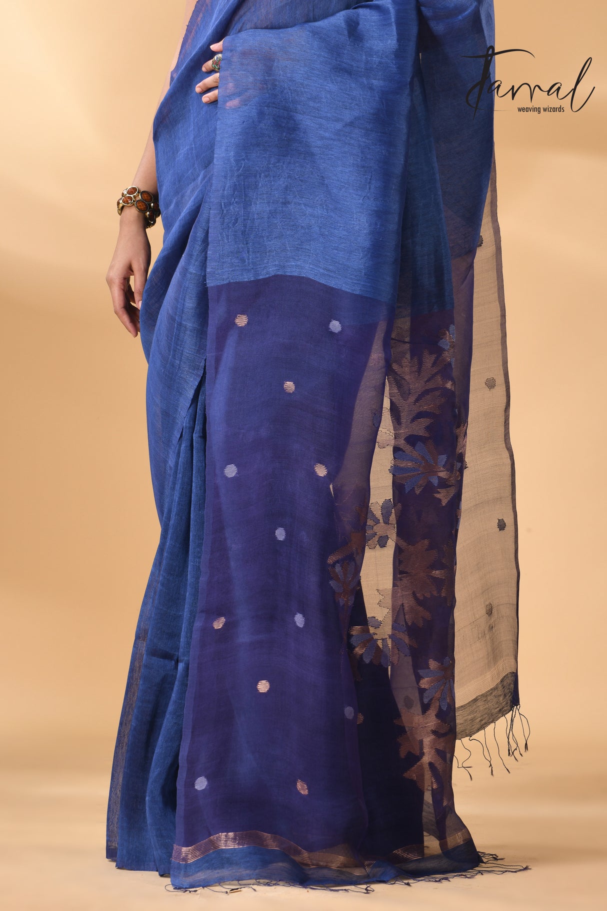 Blue self silk linen handwoven jamdani saree