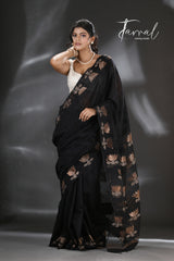 Black golden lotus matka silk handwoven jamdani saree