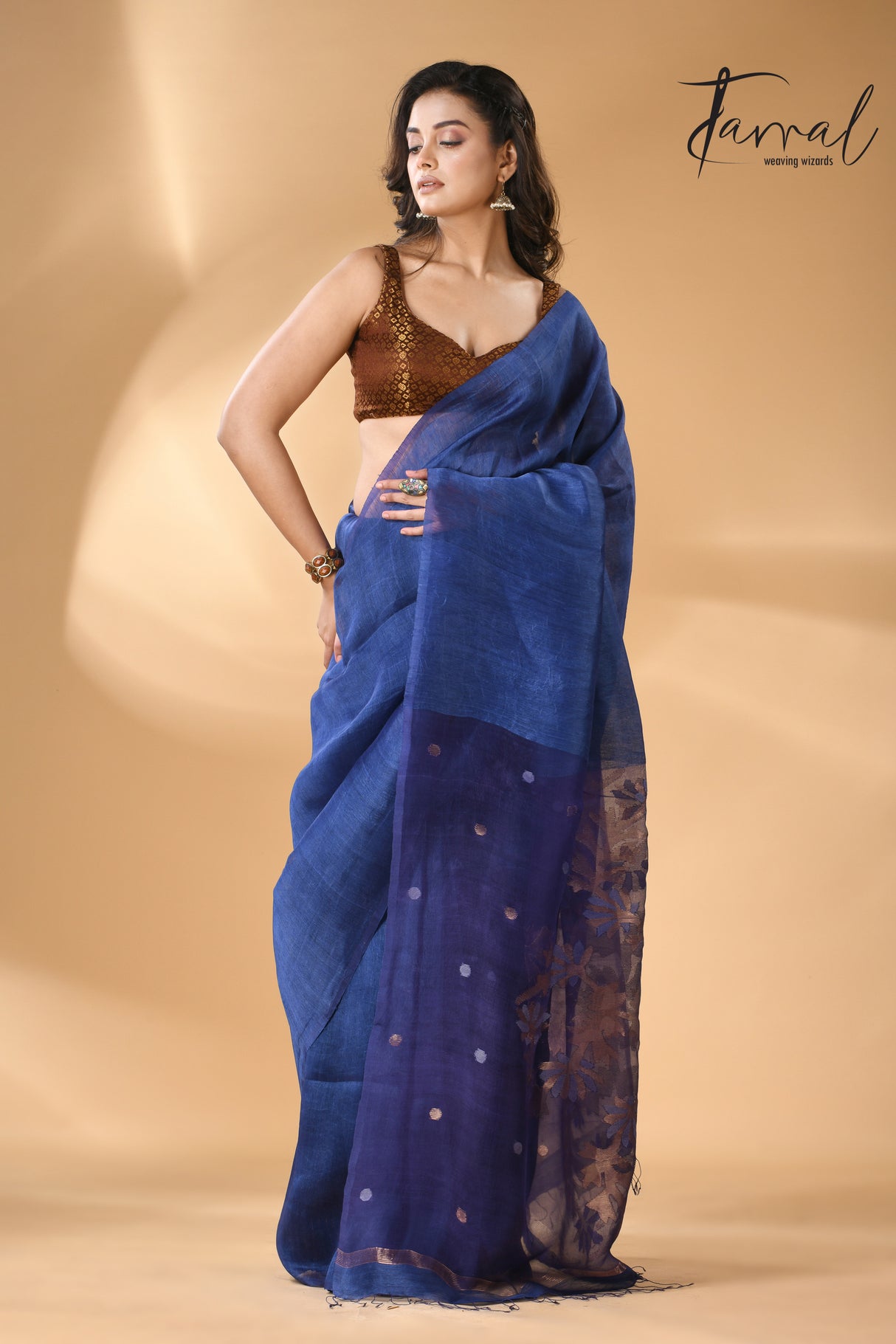 Blue self silk linen handwoven jamdani saree - Tamal Boutique