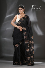 Black golden lotus matka silk handwoven jamdani saree