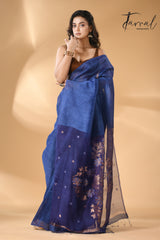 Blue self silk linen handwoven jamdani saree - Tamal Boutique