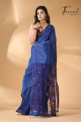 Blue self silk linen handwoven jamdani saree - Tamal Boutique