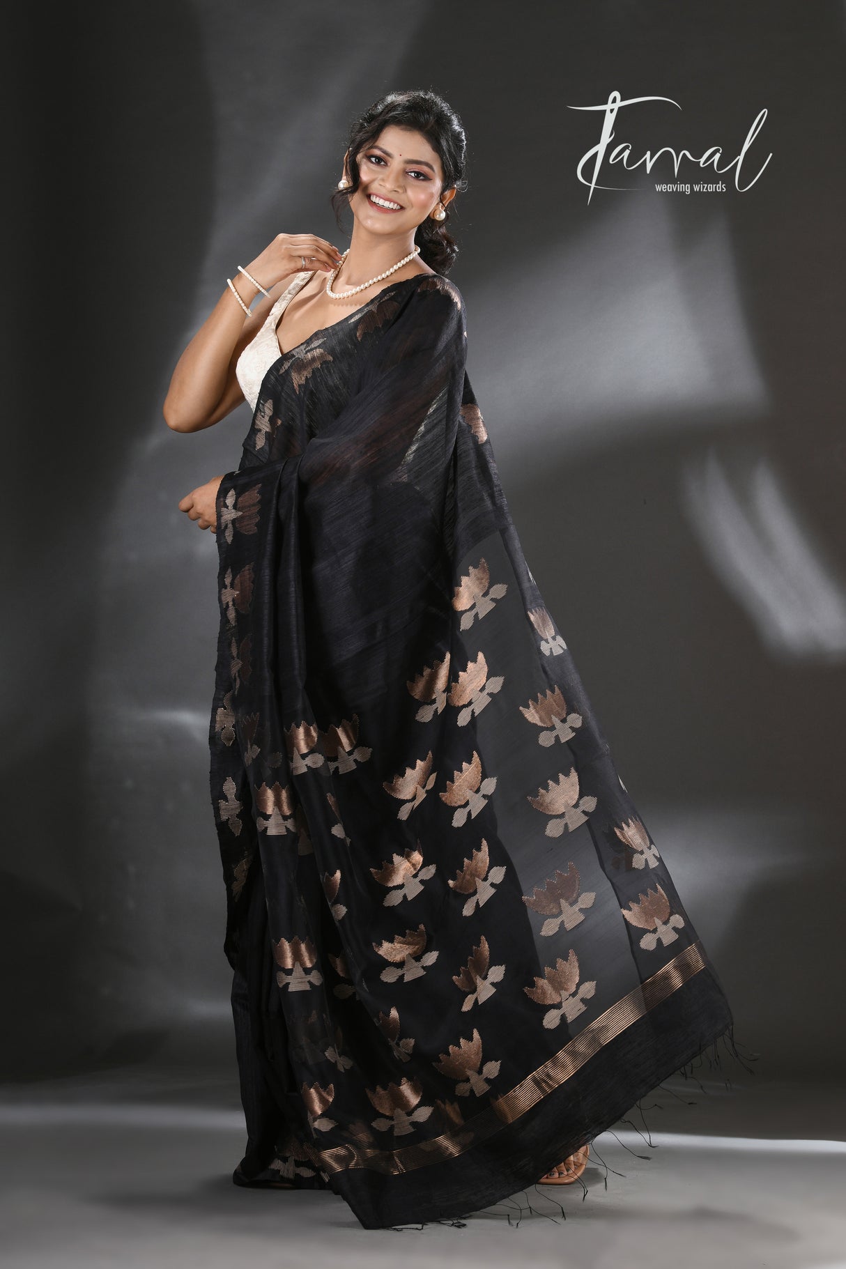 Black golden lotus matka silk handwoven jamdani saree