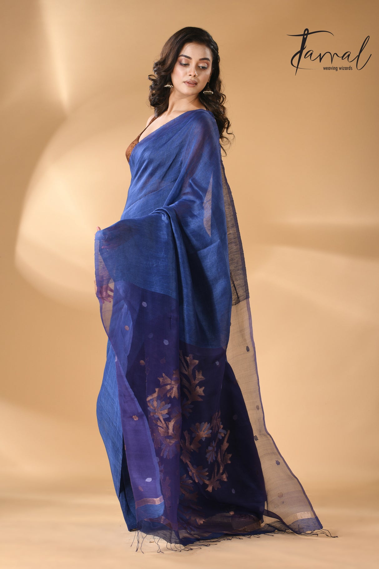 Blue self silk linen handwoven jamdani saree - Tamal Boutique