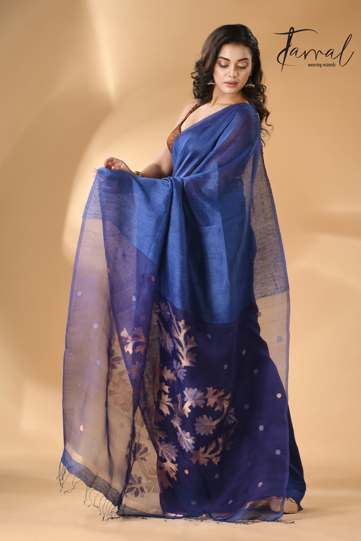 Blue self silk linen handwoven jamdani saree