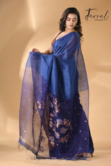 Blue self silk linen handwoven jamdani saree - Tamal Boutique