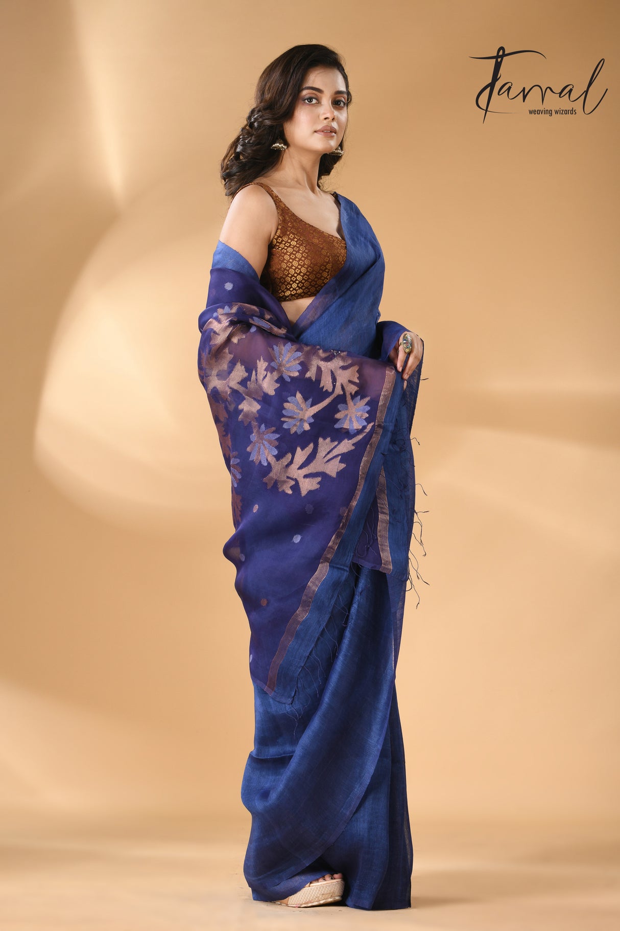 Blue self silk linen handwoven jamdani saree - Tamal Boutique