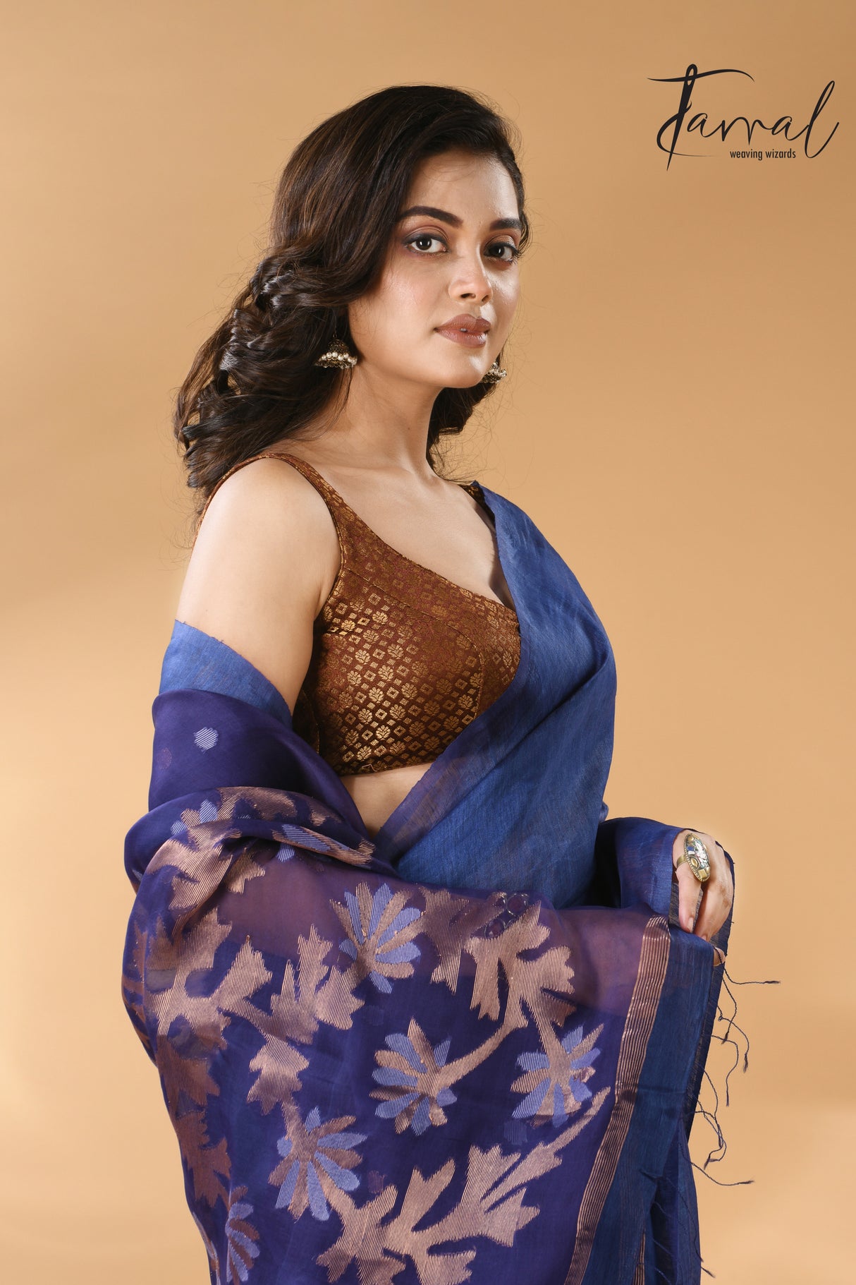 Blue self silk linen handwoven jamdani saree