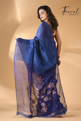 Blue self silk linen handwoven jamdani saree