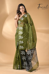 Moss green with black pallu silk linen handwoven jamdani saree