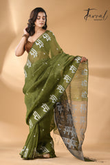 Moss green with black pallu silk linen handwoven jamdani saree