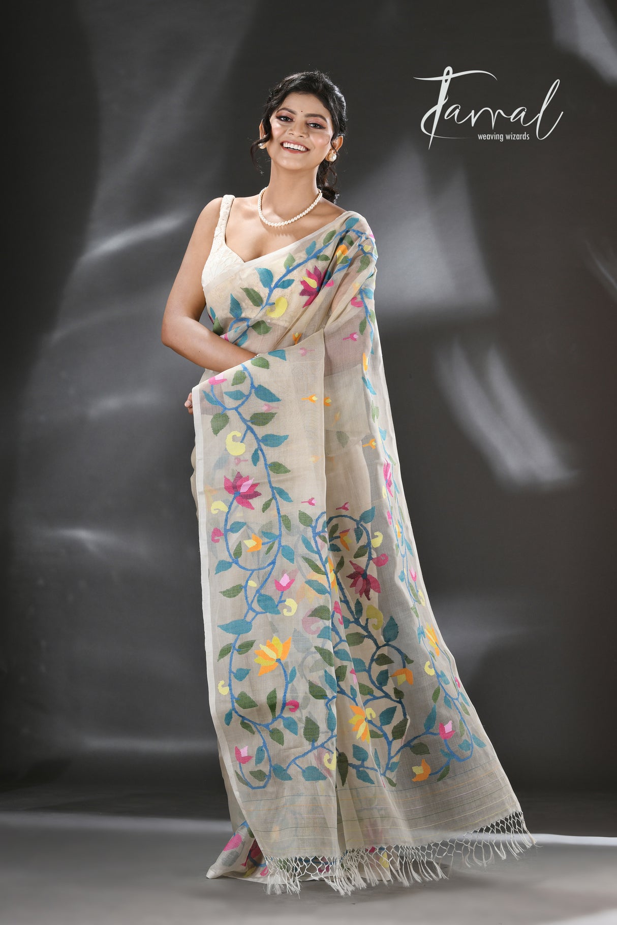 Offwhite with multi colour lotus pallu handwoven muslin silk jamdani saree - Tamal Boutique