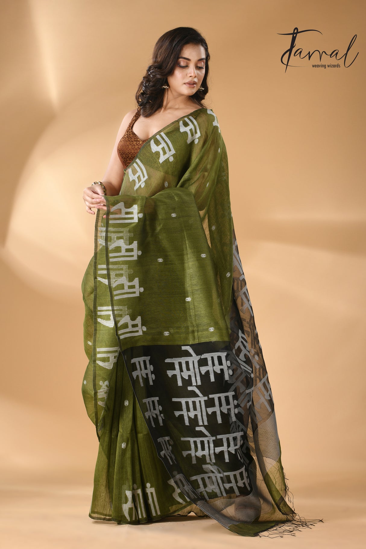 Moss green with black pallu silk linen handwoven jamdani saree