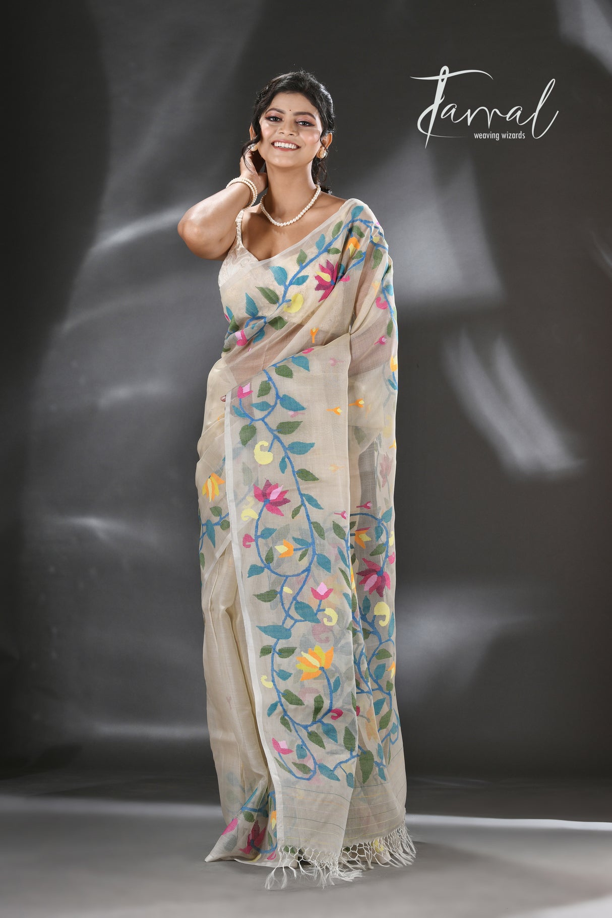 Offwhite with multi colour lotus pallu handwoven muslin silk jamdani saree