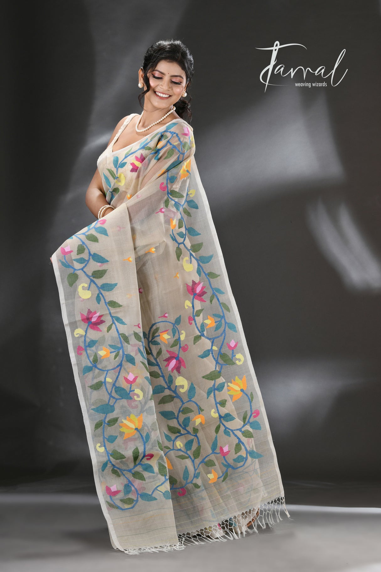 Offwhite with multi colour lotus pallu handwoven muslin silk jamdani saree - Tamal Boutique