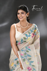 Offwhite with multi colour lotus pallu handwoven muslin silk jamdani saree - Tamal Boutique